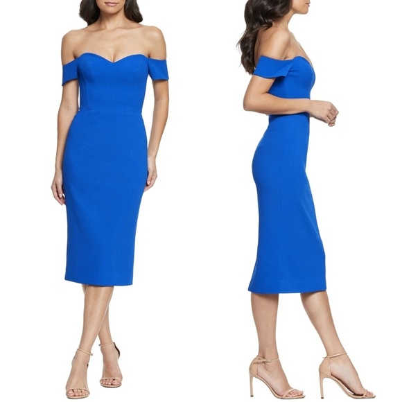 NEW Dress the Population Bailey Off Shoulder Midi Dress in Electric Blue Sz. M - Picture 1 of 5